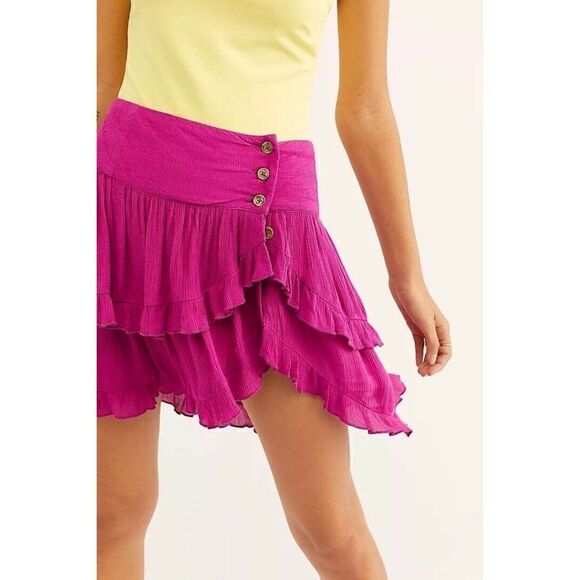 NEW FREE PEOPLE ENDLESS SUMMER Sz L COSTELLO SKIRT RUFFLE TIERED MINI HOT PINK - Picture 3 of 3